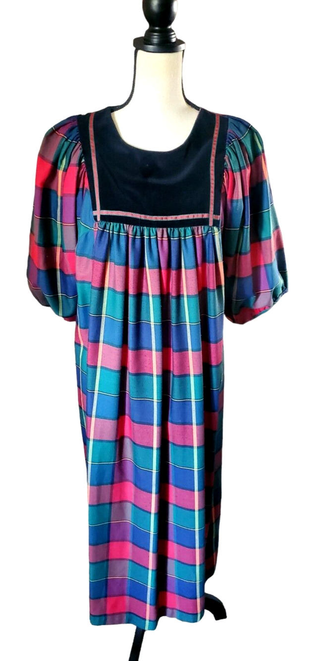 True Vintage 1980 s Kelli Kaye Scotch Plaid Velvet Yoke Modest Midi Dress L